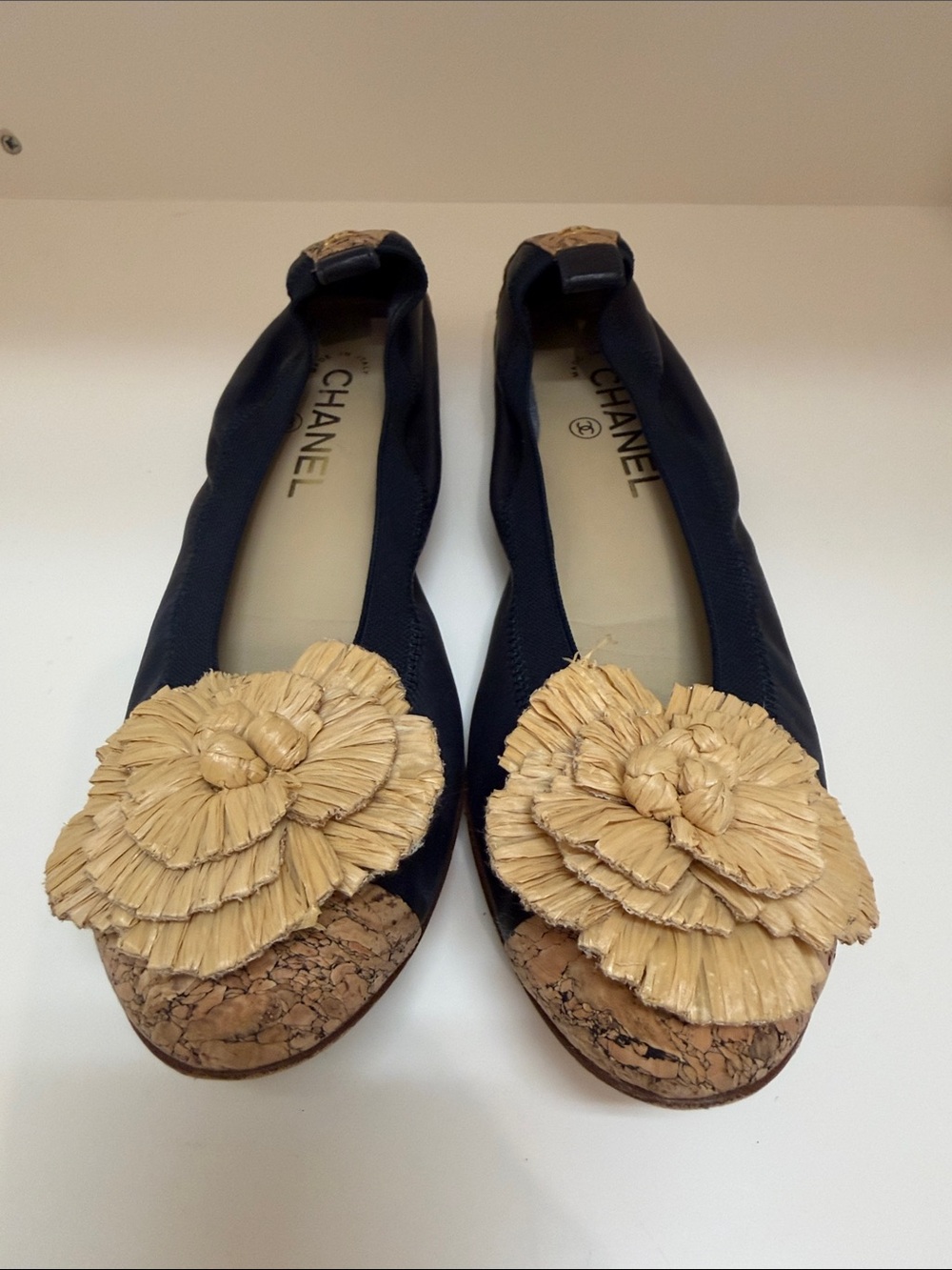 CHANEL Navy Leather & Straw Camellia Ballet Flats